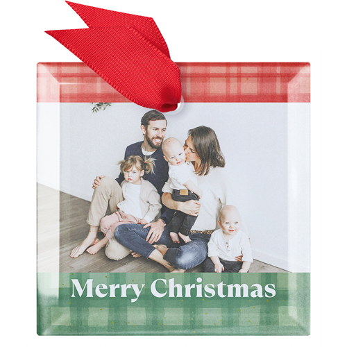 Colorblock Plaid Glass Ornament, White, Square