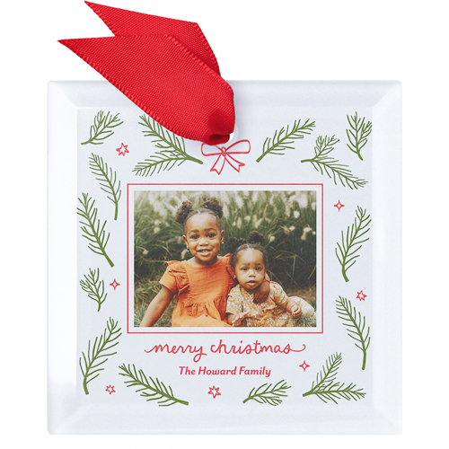 Whimsical Greenery Glass Ornament, Red, Square
