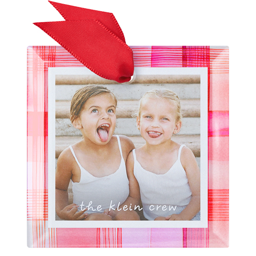 Ribbon Candy Plaid Glass Ornament, Red, Square, red