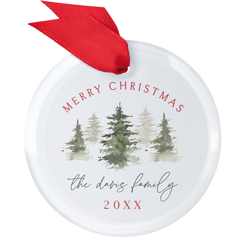 Evergreen Trees Family Name Glass Ornament, Red, Circle