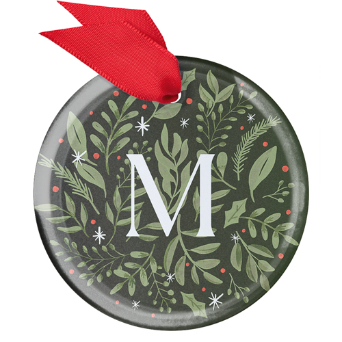 Monogram Botanical Wreath Glass Ornament, Green, Circle