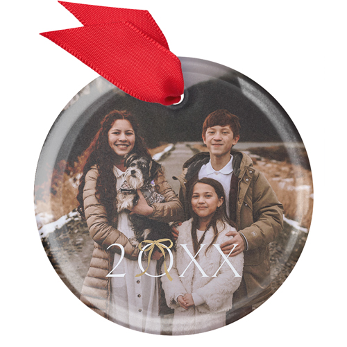 Elegant Bow Year Glass Ornament, White, Circle