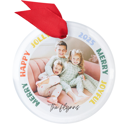 Joyful Jolly Glass Ornament, Beige, Circle, antique white