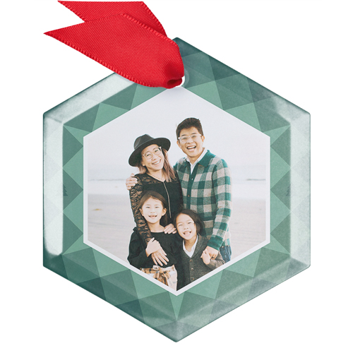 Geometric Quilt Frame Glass Ornament, Green, Hexagon, seaweed