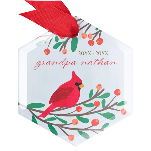 Christmas Memorial Cardinal Glass Ornament, Blue, Hexagon