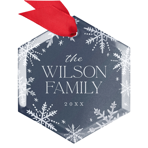 Snowflake Family Name Glass Ornament, Black, Hexagon Ornament