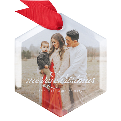 Charming Christmas Script Glass Ornament, White, Hexagon, white