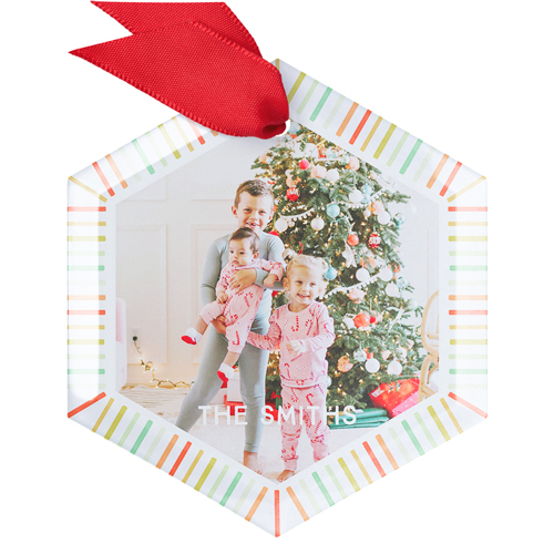 Festive Dashes Glass Ornament, White, Hexagon