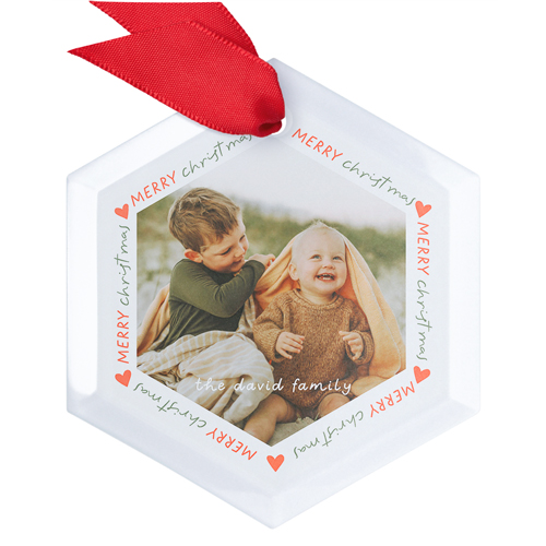 Merry Christmas Hearts Glass Ornament, Red, Hexagon, bright coral