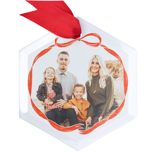 Ribbon Frame Glass Ornament, White, Hexagon, white