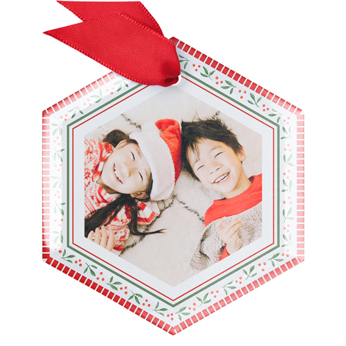 Mistletoe and Holly Glass Ornament, Beige, Hexagon, cream