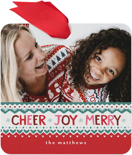 Little Sleepies Festive Fair Isle Metal Ornament, Red, Square, fire engine