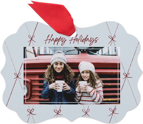 Quilted Holiday Bows Metal Ornament, Red, Rectangle Bracket, marsala