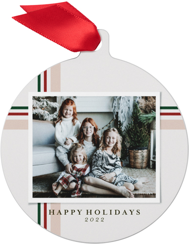 Holiday Ribbon Stripe Metal Ornament, Beige, Circle