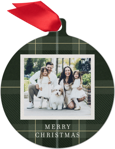 Classic Christmas Plaid Metal Ornament, Green, Circle, pine