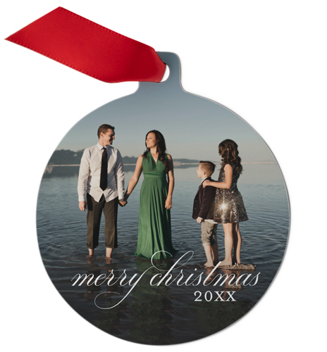 Classic Merry Christmas Metal Ornament, White, Circle Ornament