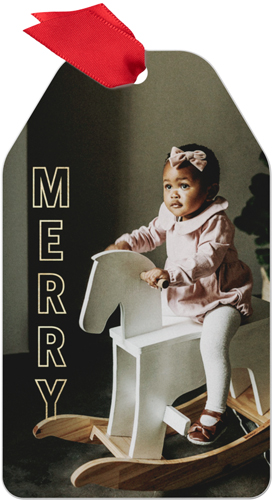 Gold Block Merry Metal Ornament, White, Gift Tag