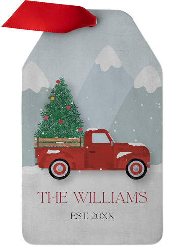 Red Truck Family Name Metal Ornament, Red, Gift Tag