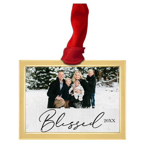 Modern Blessed Script Luxe Frame Ornament, Gold, Gray, Rectangle Ornament