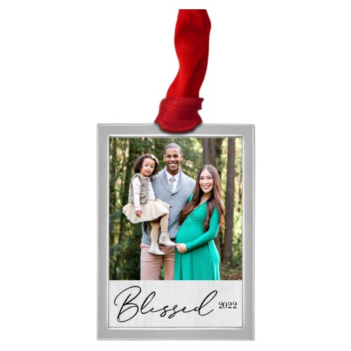 Blessed Script Portrait Luxe Frame Ornament, Silver, Gray, Rectangle Ornament
