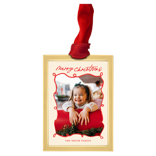 Merry Christmas Doodle Luxe Frame Ornament, Gold, Red, Rectangle