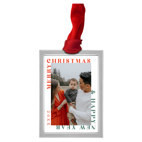 Modern Holiday Wishes Luxe Frame Ornament, Silver, White, Rectangle, white