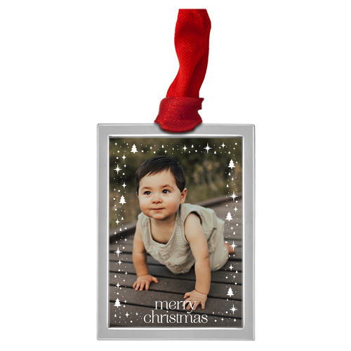 Starlit Christmas Trees Luxe Frame Ornament, Silver, White, Rectangle, white