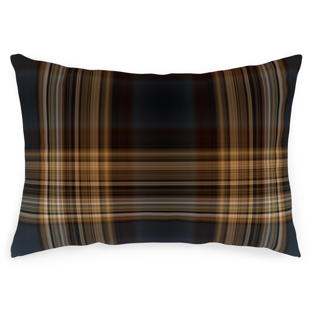 Fine Line Plaid - Dark Blue and Brown Outdoor Pillow, 14x20, Single Sided, Brown