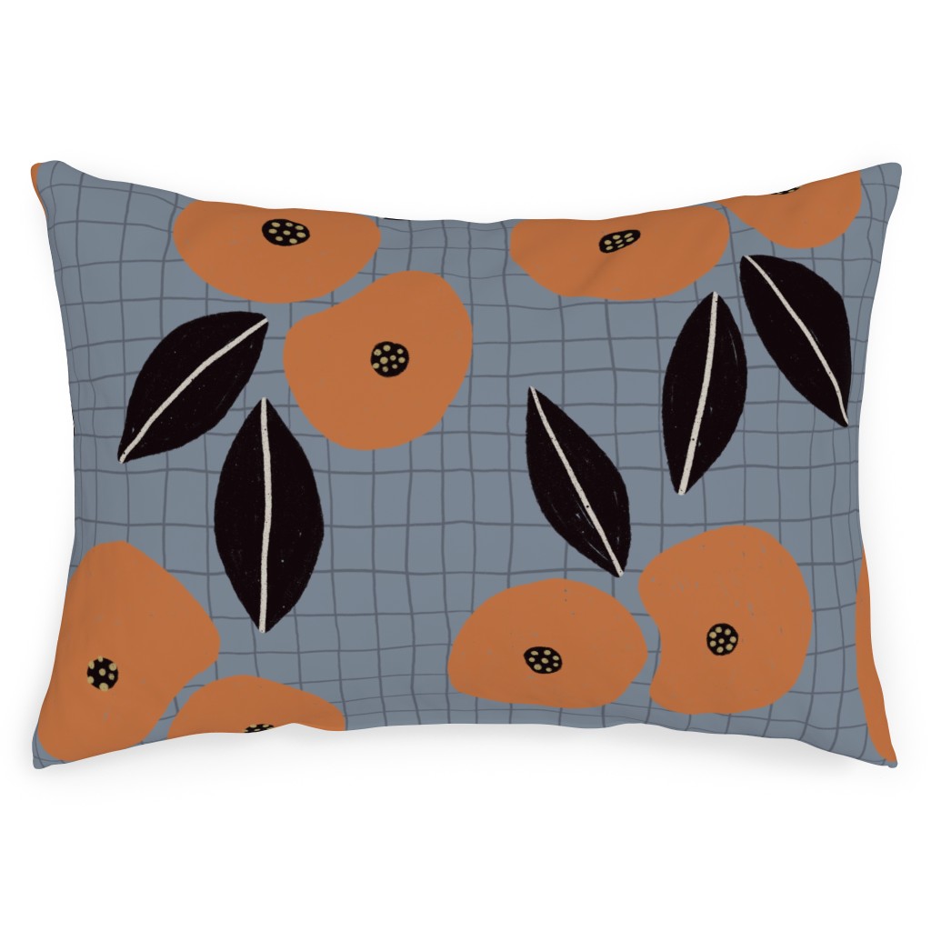 Ingrid Floral - Orange on Blue Outdoor Pillow, 14x20, Single Sided, Blue