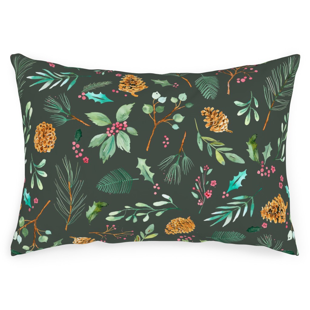 Christmas Holiday Botanical on Dark Green Outdoor Pillow, 14x20, Single Sided, Blue