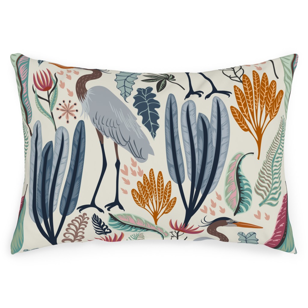Heron and Plants - Multi Outdoor Pillow, 14x20, Single Sided, Multicolor