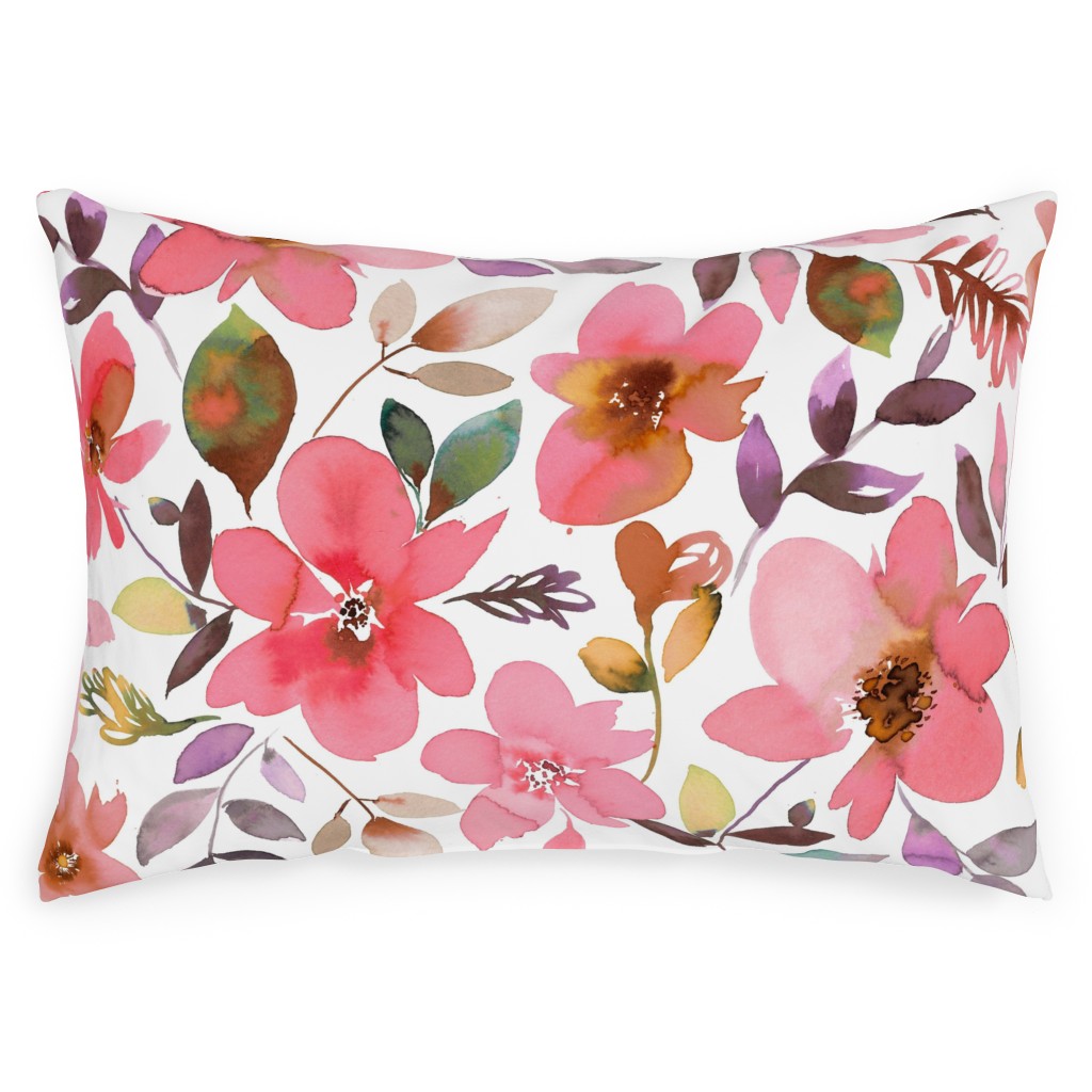 Summery Watercolor Flowers - Coral Pink Outdoor Pillow, 14x20, Single Sided, Pink