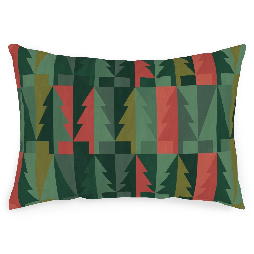 Geometric Forest - Red and Green Outdoor Pillow, 14x20, Single Sided, Green