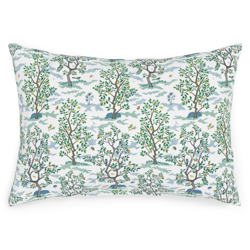 Citrus Trees - Blue and Green on White Outdoor Pillow, 14x20, Double Sided, Green