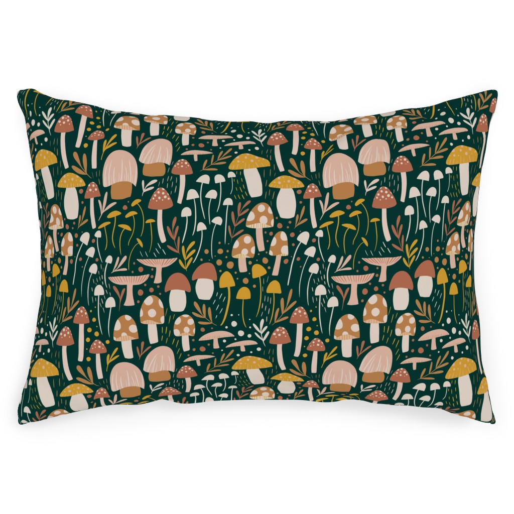 Woodland Mushroom Meadow - Green Outdoor Pillow, 14x20, Double Sided, Green
