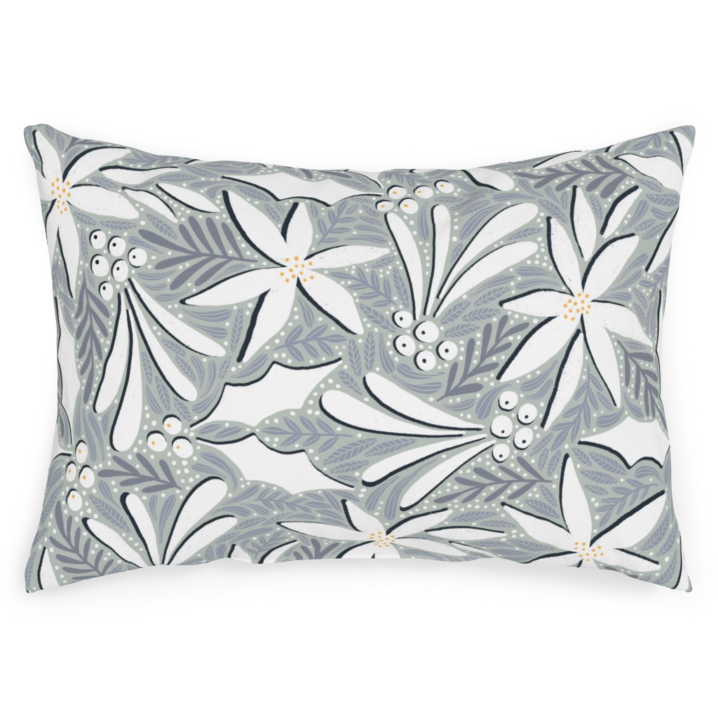 Poinsettia, Holly, & Mistletoe - White & Grey Outdoor Pillow, 14x20, Double Sided, Gray