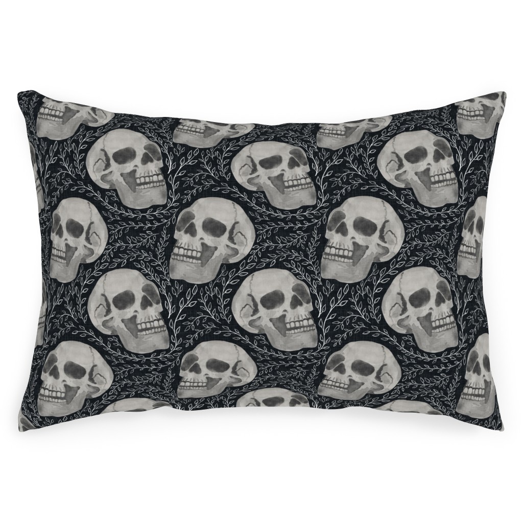 Watercolor Skulls With Flourish - Dark Outdoor Pillow, 14x20, Double Sided, Gray