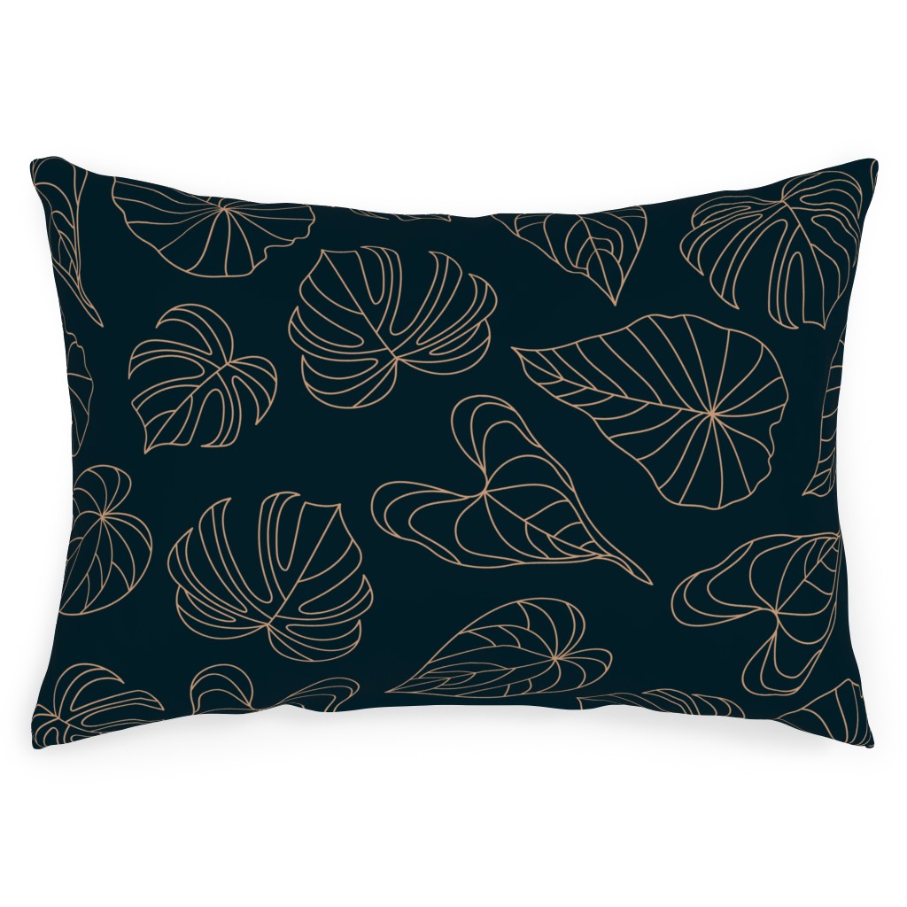 Minimalist Monstera Leaves - Dark Outdoor Pillow, 14x20, Double Sided, Blue