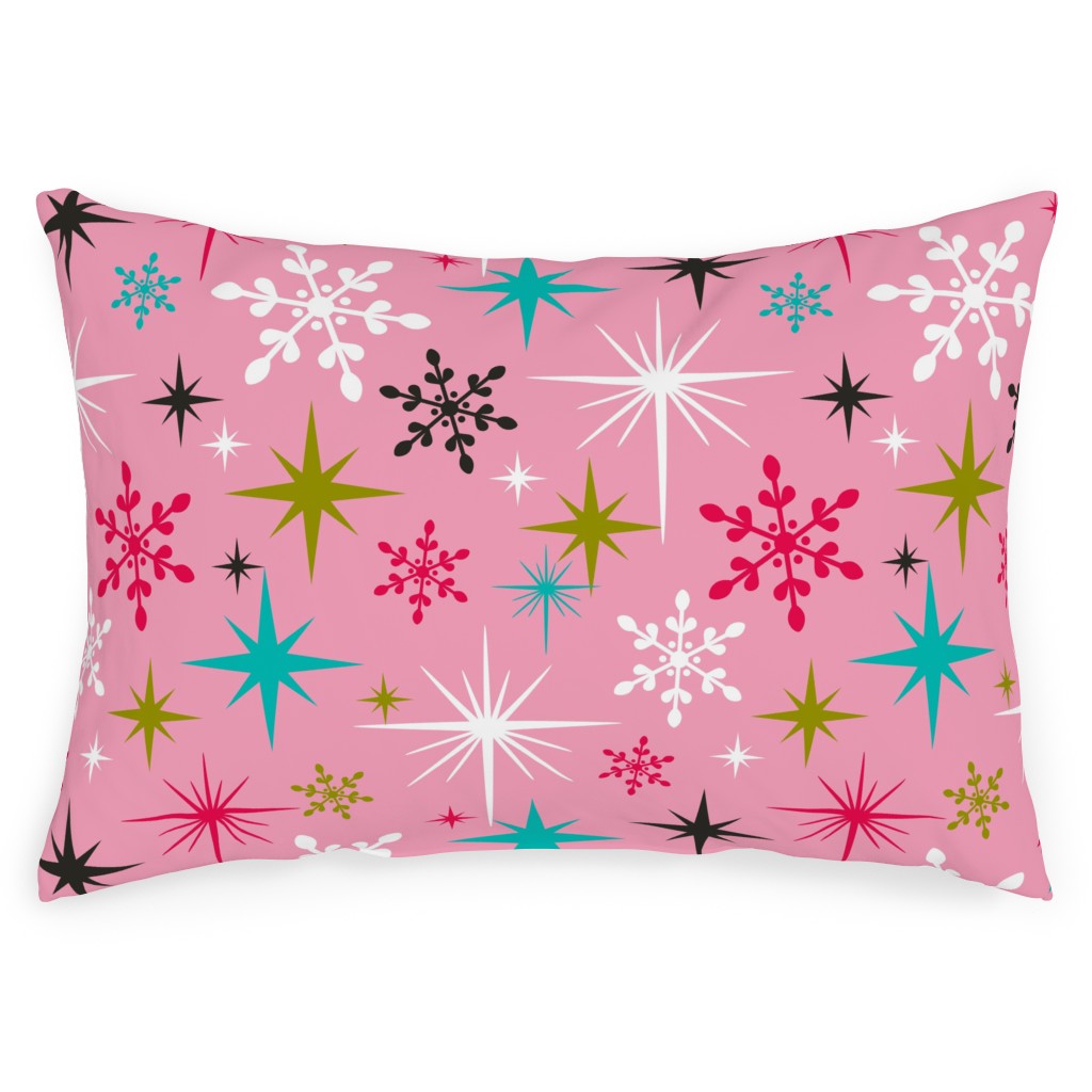 Stardust Retro Christmas Snowflakes and Stars - Pink Outdoor Pillow, 14x20, Double Sided, Pink