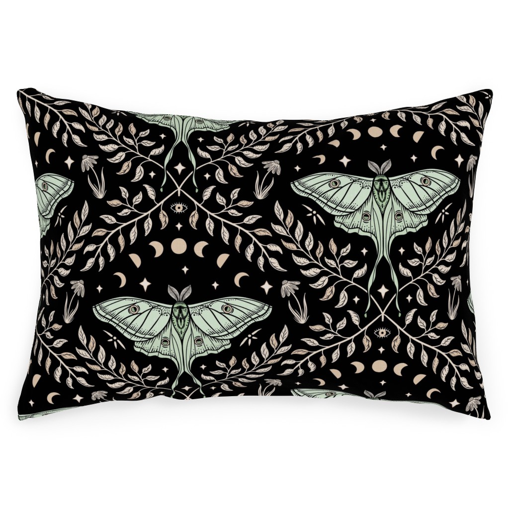 Luna Moths Damask With Moon Phases - Black Outdoor Pillow, 14x20, Double Sided, Multicolor