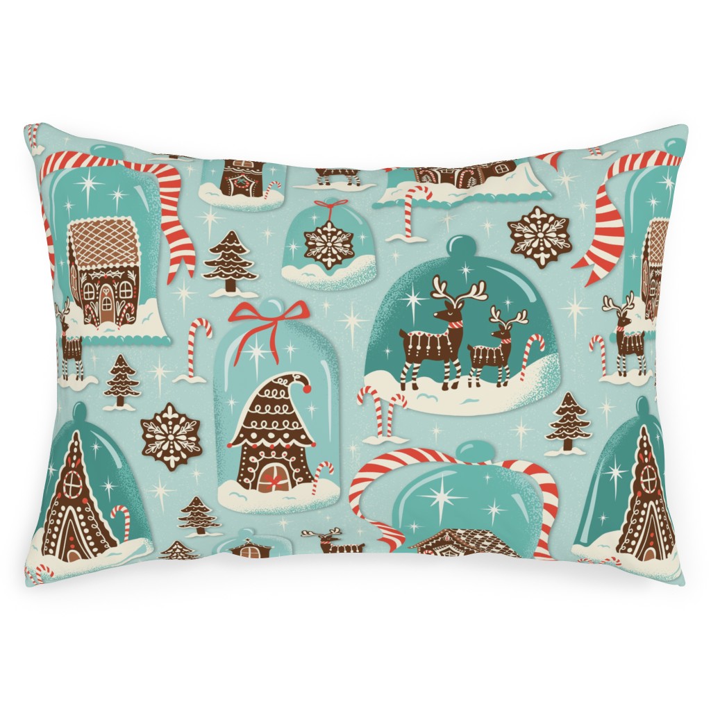 Christmas Gingerbread Village - Aqua Outdoor Pillow, 14x20, Double Sided, Blue