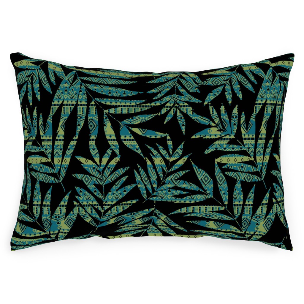 Patterned Palm - Dark Outdoor Pillow, 14x20, Double Sided, Black