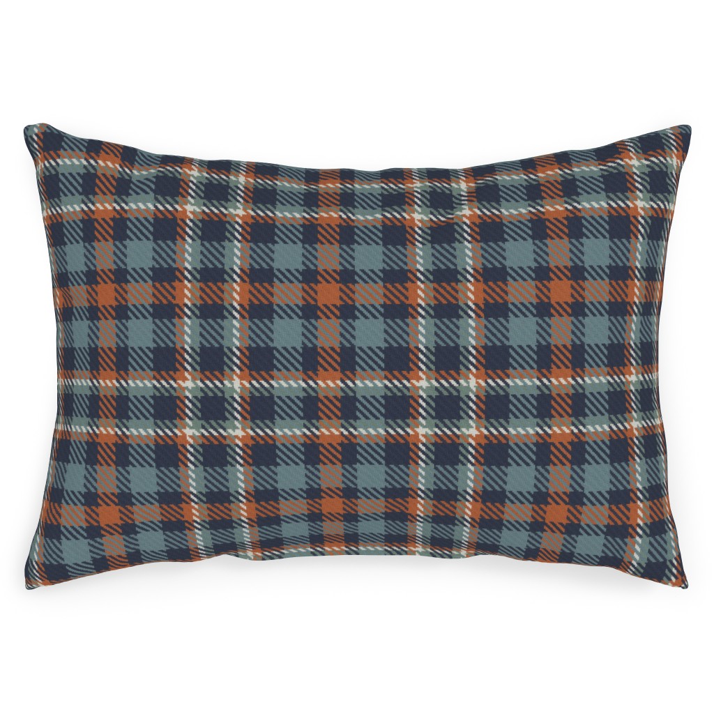Plaid - Terracotta and Blue Outdoor Pillow, 14x20, Double Sided, Blue