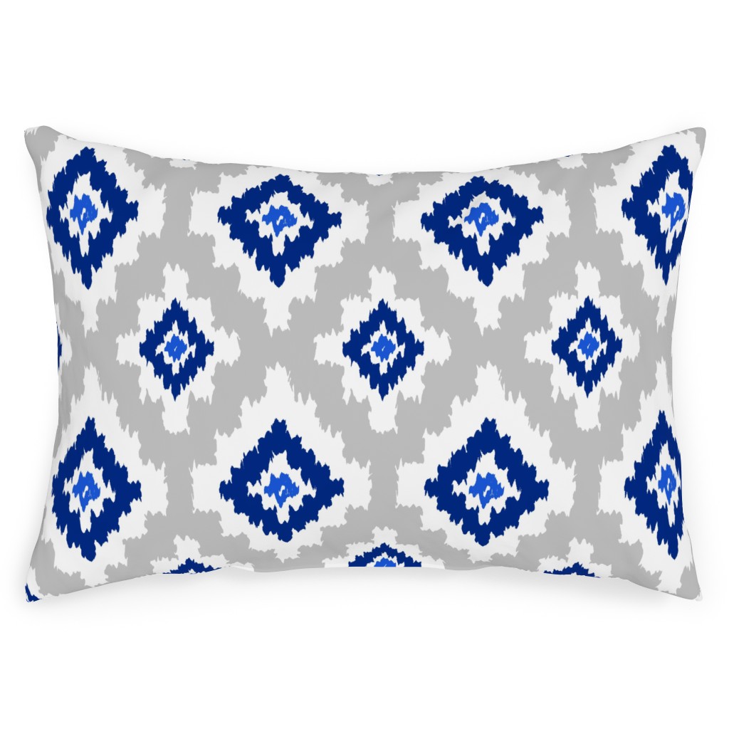 Boho Ikat in Blue & Grey Outdoor Pillow, 14x20, Double Sided, Blue