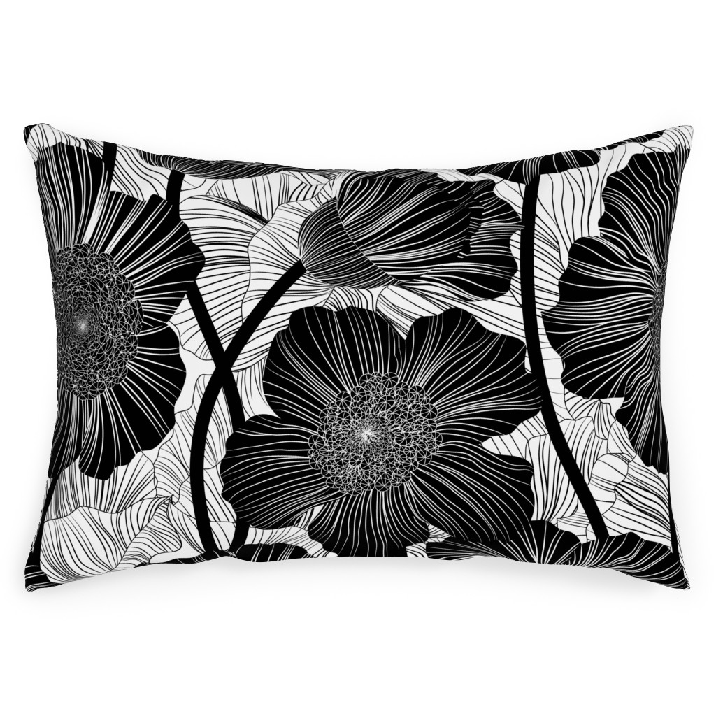 Mid Century Modern Floral - Black and White Outdoor Pillow, 14x20, Double Sided, Black