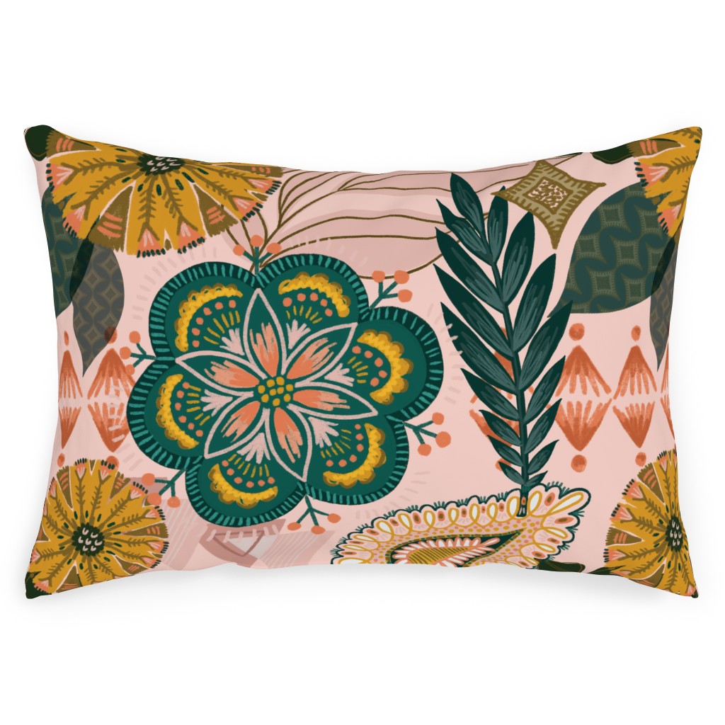 Boho Tropical - Floral - Pink Outdoor Pillow, 14x20, Double Sided, Multicolor