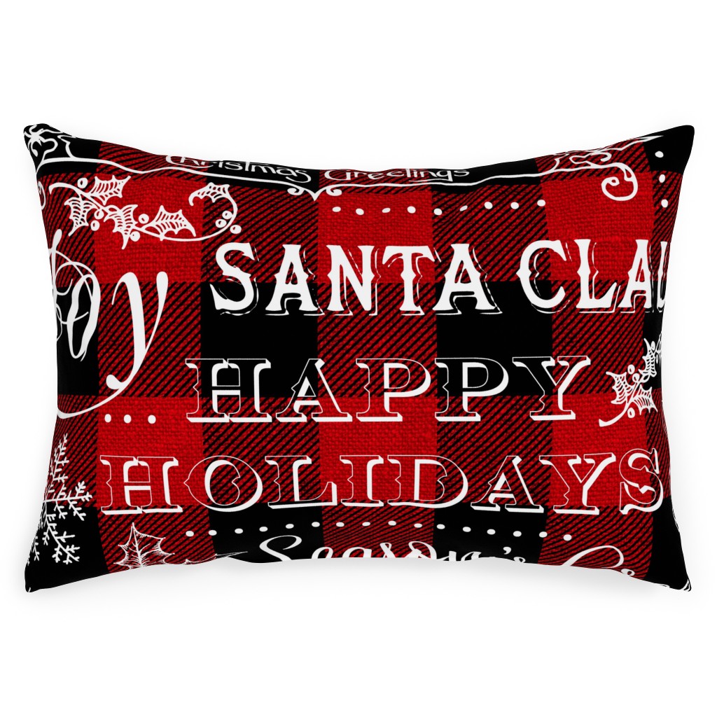 Buffalo Plaid Christmas Typography - Red and Black Outdoor Pillow, 14x20, Double Sided, Red
