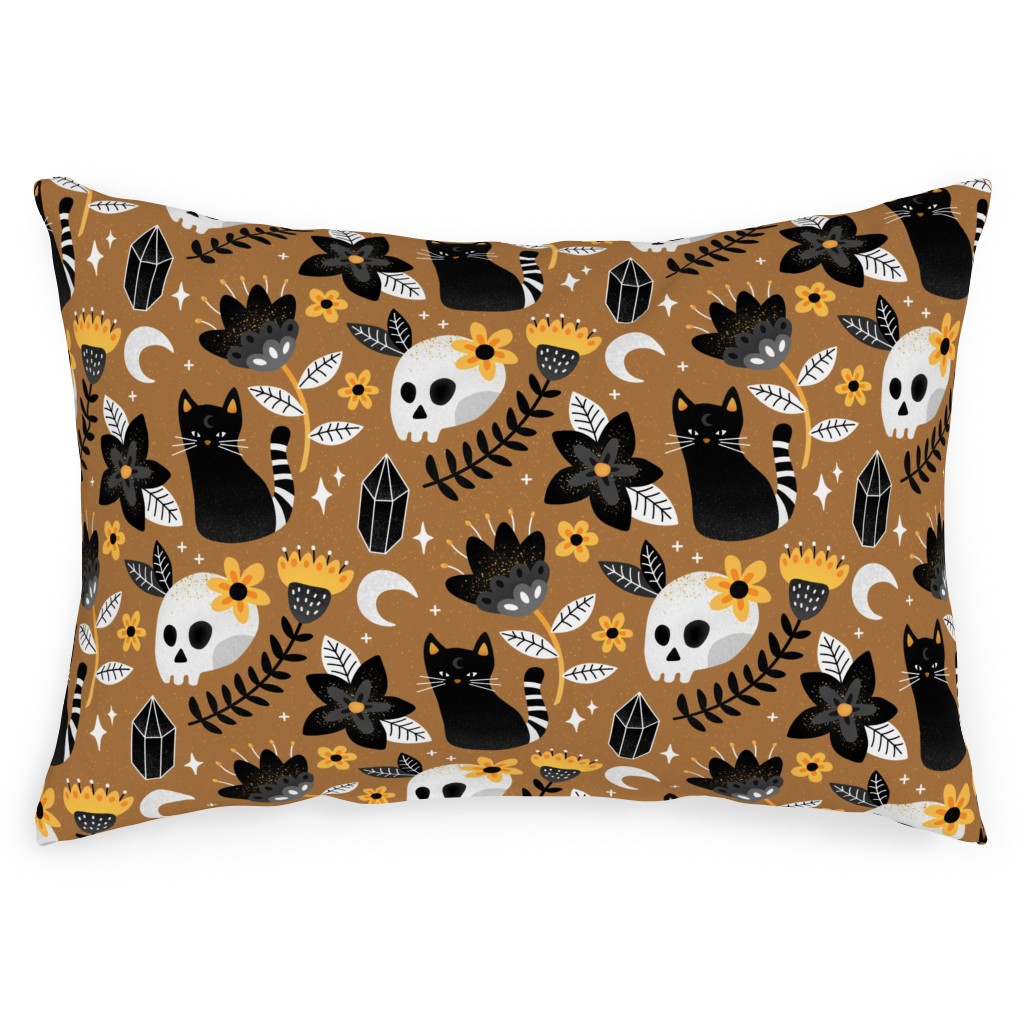 Black Cat & Floral Skull Outdoor Pillow, 14x20, Double Sided, Brown