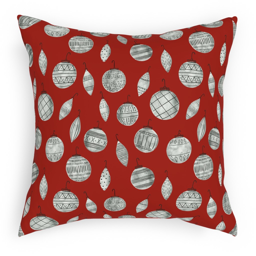 Watercolor Christmas Ornaments - Red Outdoor Pillow, 18x18, Single Sided, Red