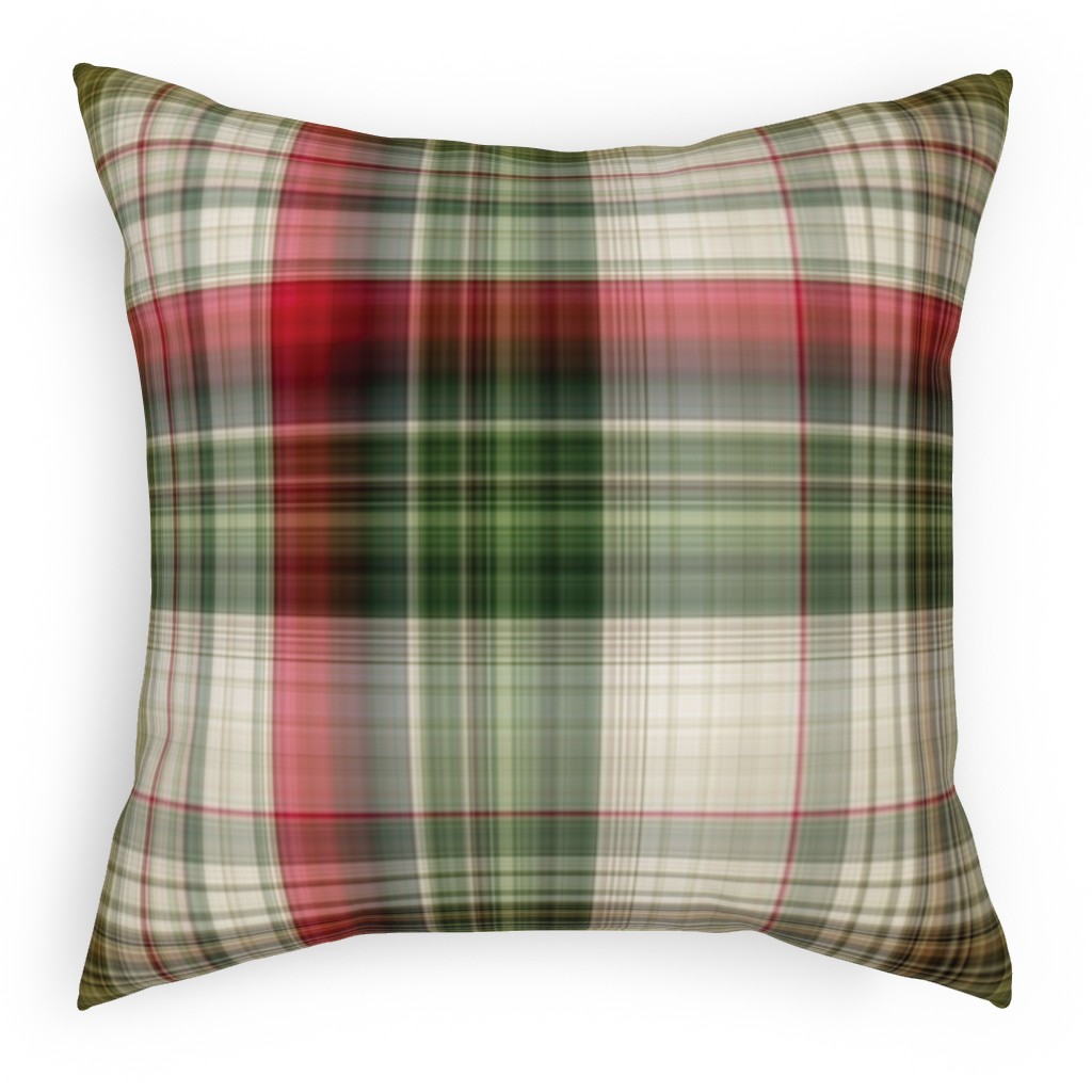 Christmas Plaid - Green, White and Red Outdoor Pillow, 18x18, Single Sided, Green